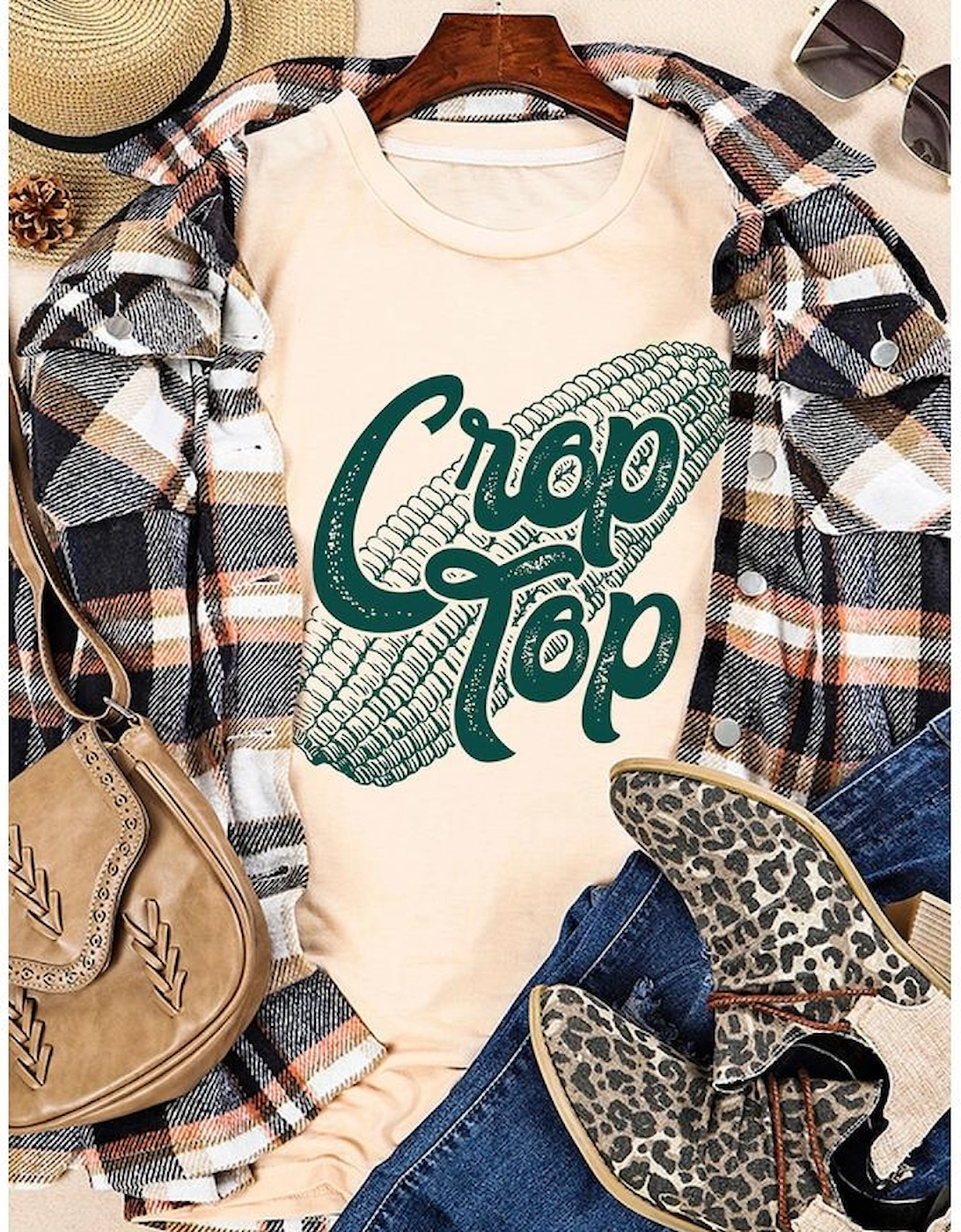 Khaki Corn Crop Top Graphic Tee