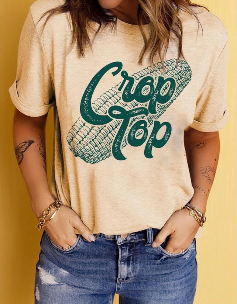 Khaki Corn Crop Top Graphic Tee