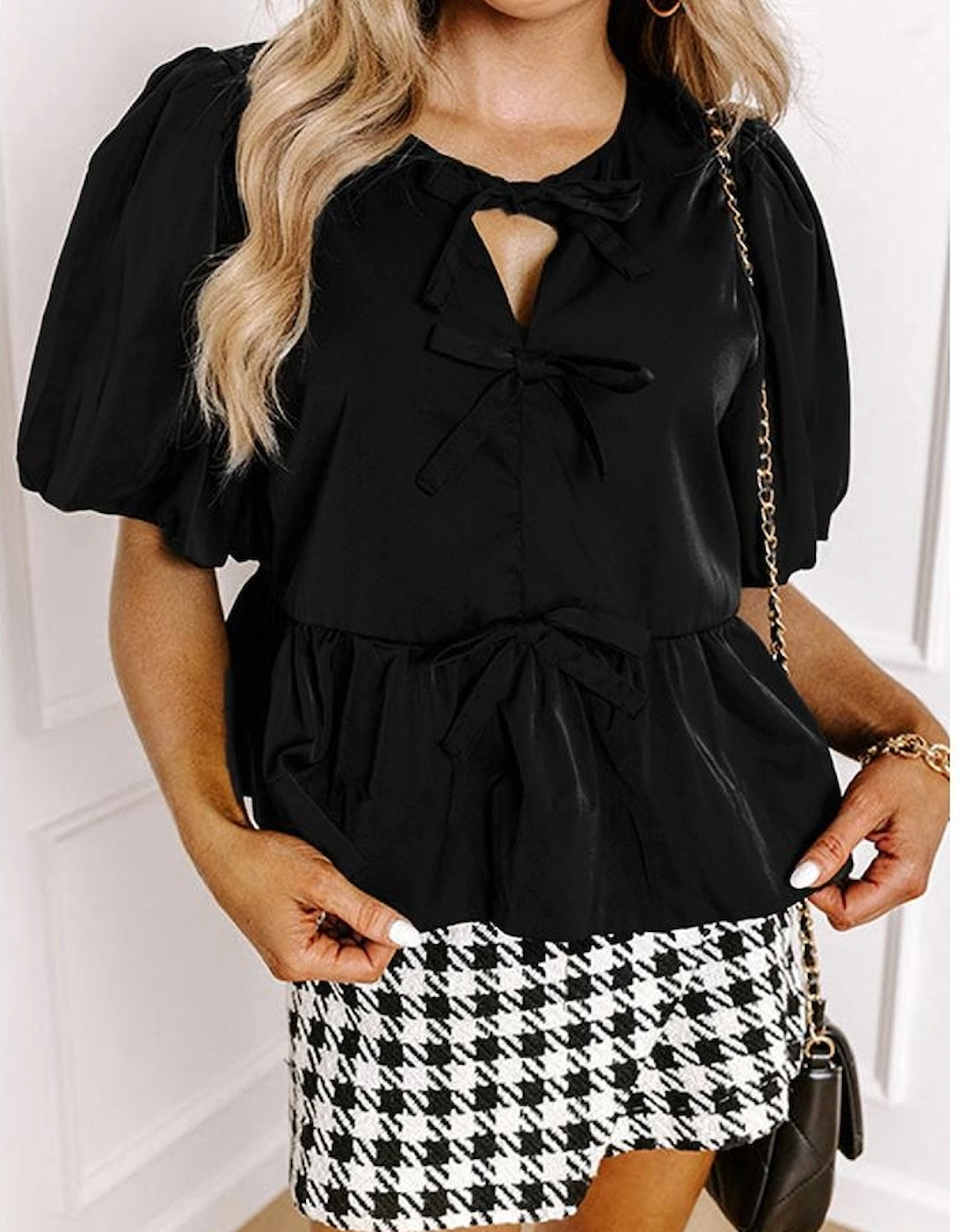 Black Puff Sleeve Bowknot Front Peplum Blouse