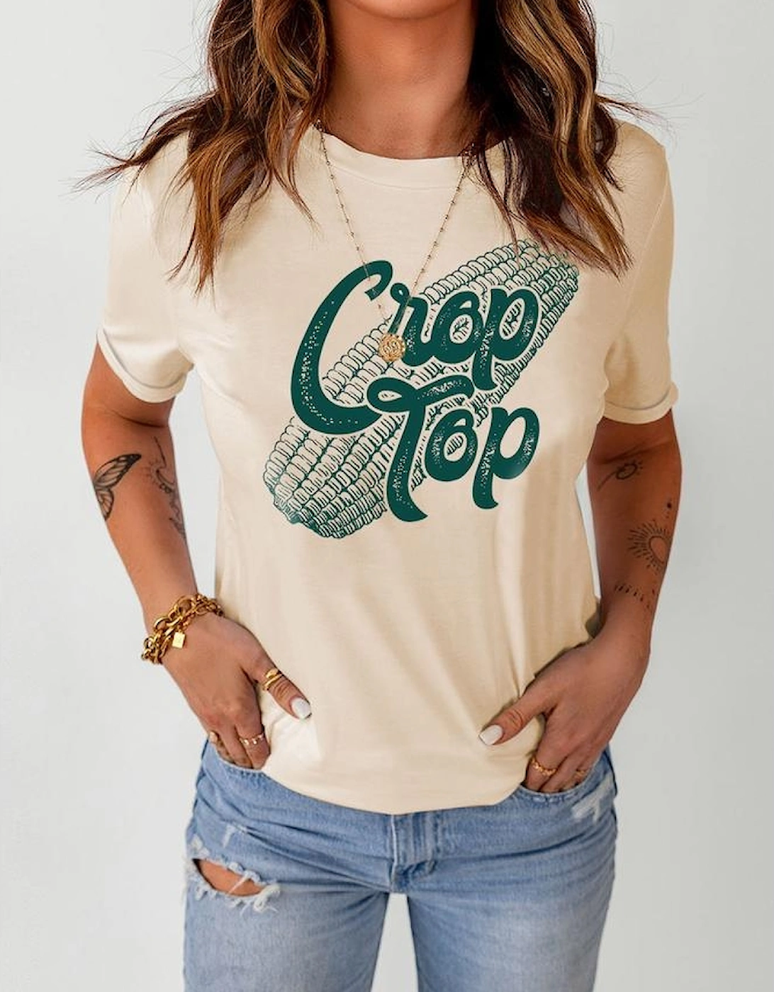 Khaki Corn Crop Top Graphic Tee