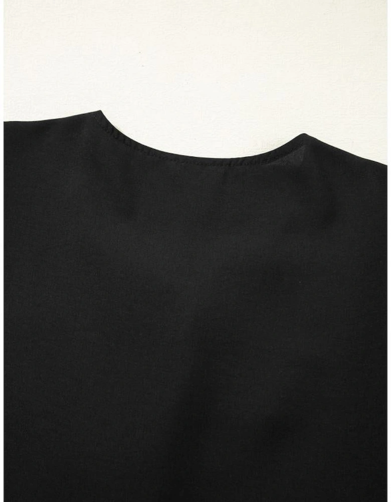 Black Puff Sleeve Bowknot Front Peplum Blouse