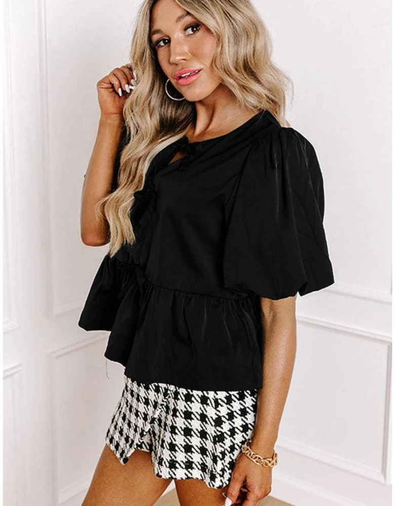 Black Puff Sleeve Bowknot Front Peplum Blouse