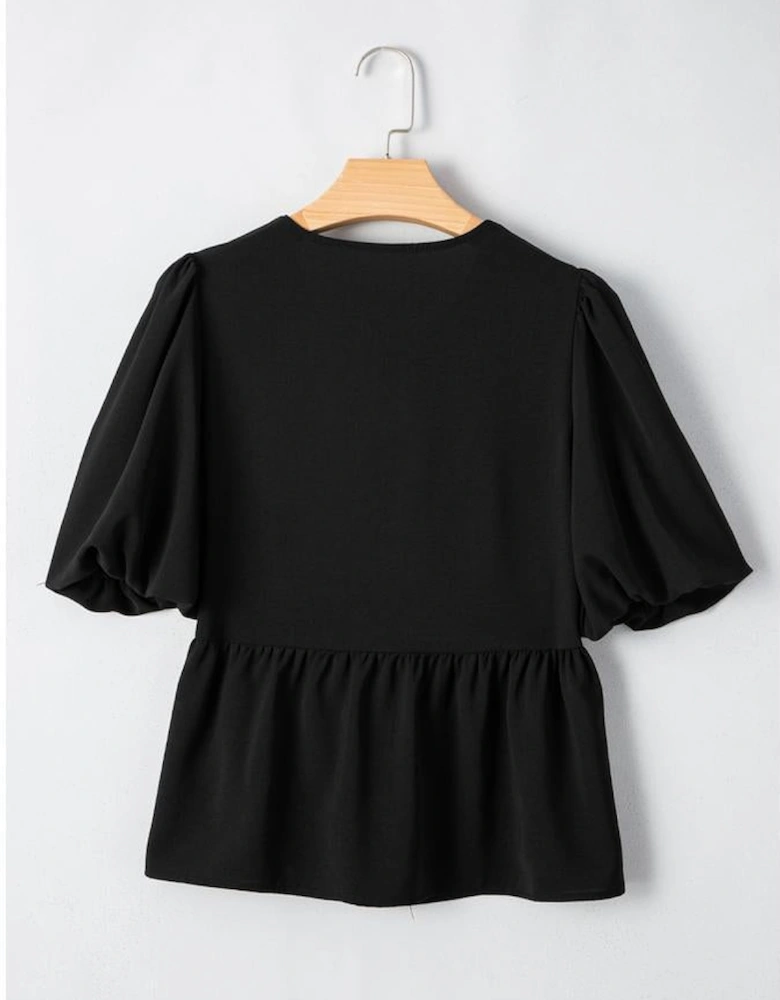 Black Puff Sleeve Bowknot Front Peplum Blouse