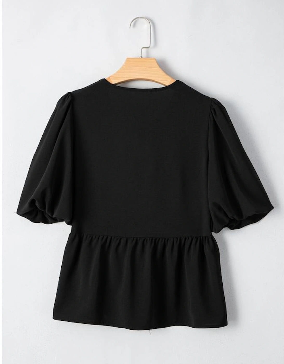 Black Puff Sleeve Bowknot Front Peplum Blouse