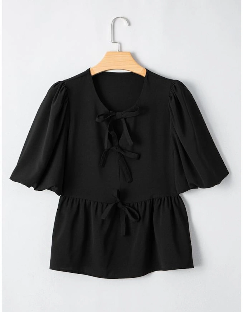 Black Puff Sleeve Bowknot Front Peplum Blouse