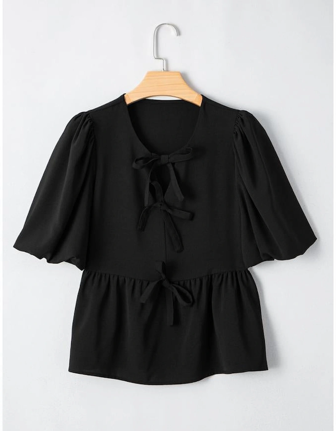 Black Puff Sleeve Bowknot Front Peplum Blouse