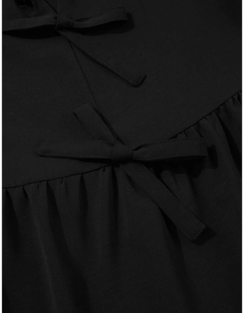 Black Puff Sleeve Bowknot Front Peplum Blouse