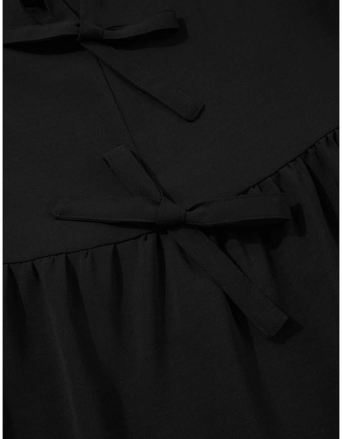 Black Puff Sleeve Bowknot Front Peplum Blouse