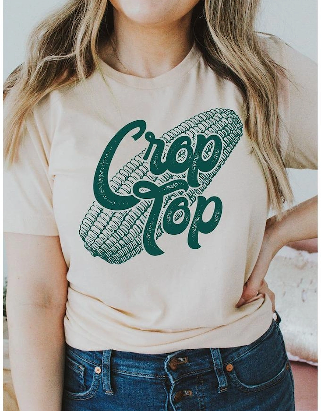 Khaki Corn Crop Top Graphic Tee