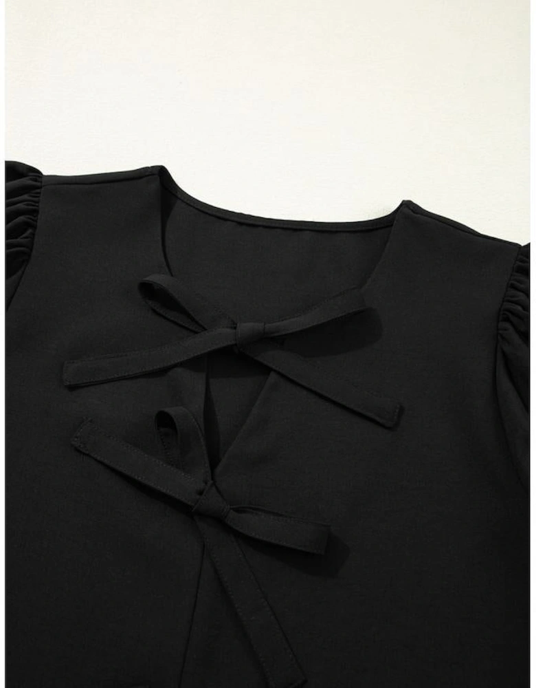 Black Puff Sleeve Bowknot Front Peplum Blouse