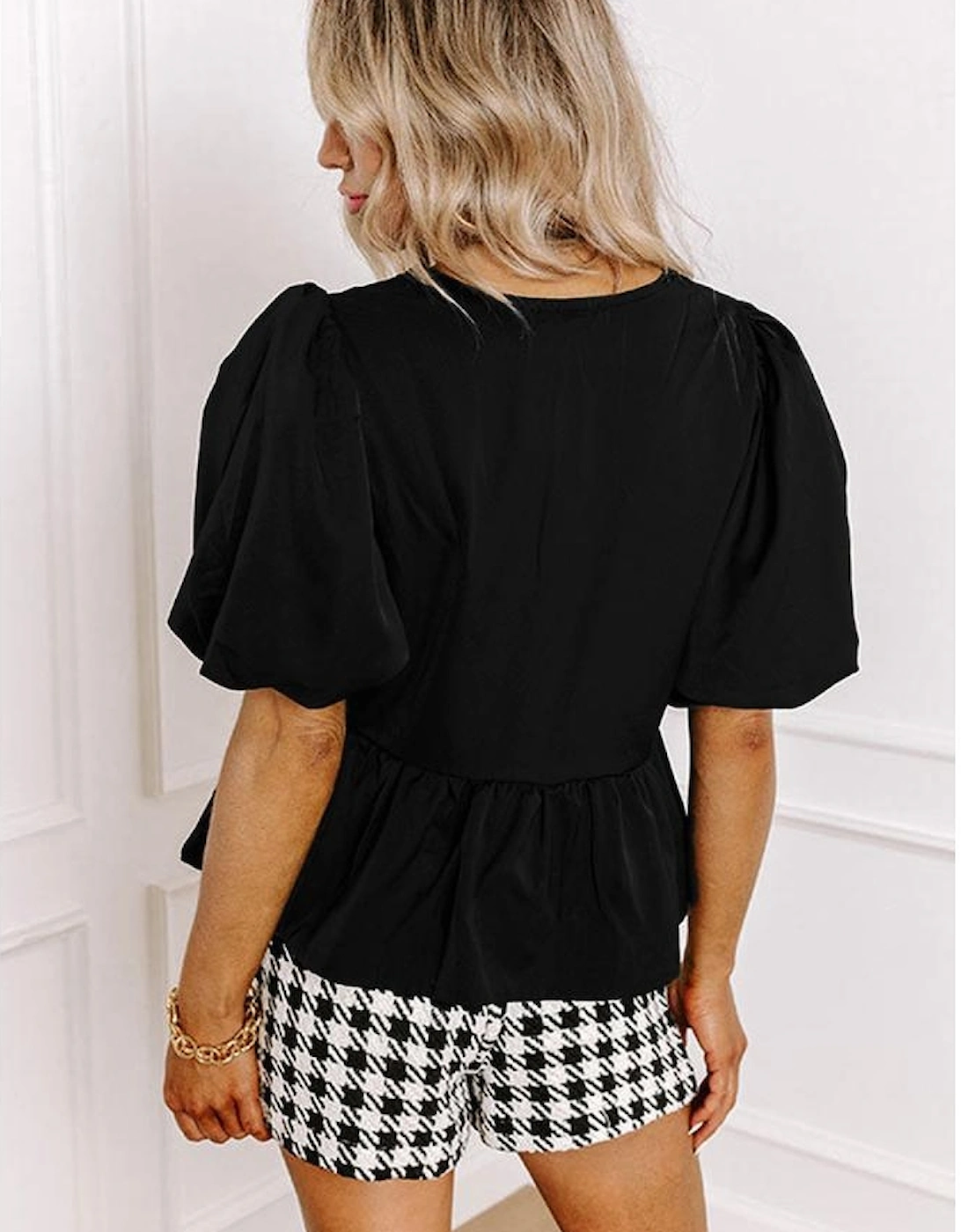 Black Puff Sleeve Bowknot Front Peplum Blouse