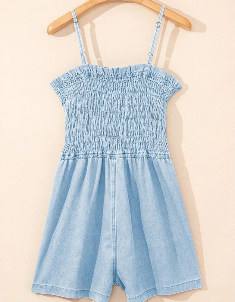 Beau Blue Spaghetti Strap Smocked Denim Romper