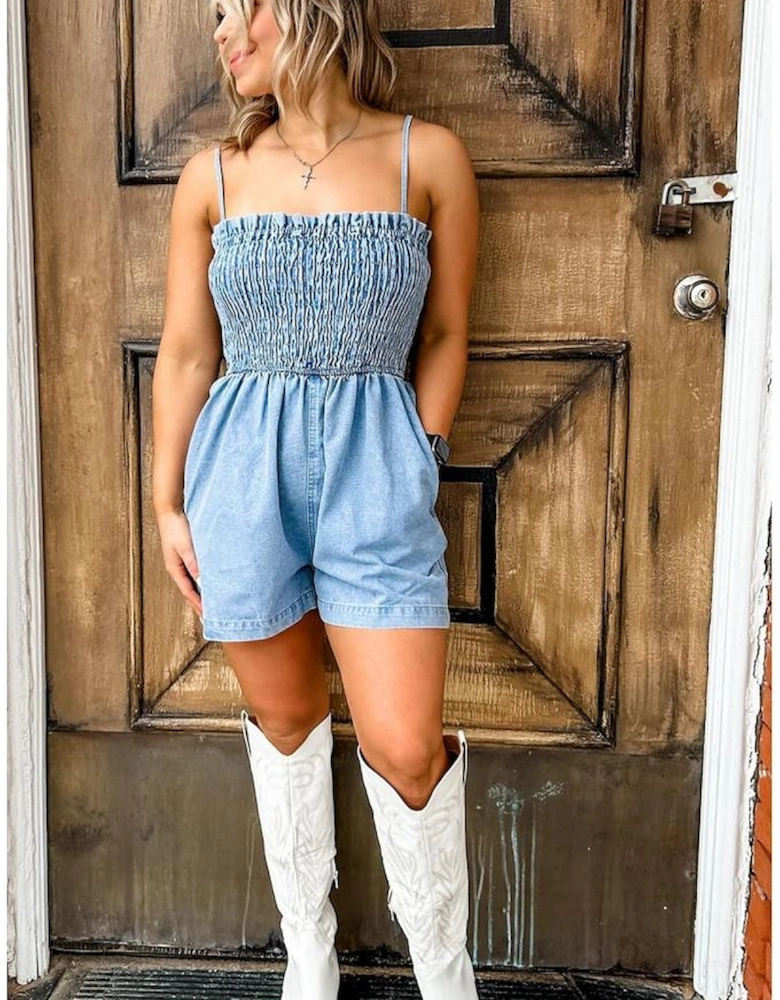 Beau Blue Spaghetti Strap Smocked Denim Romper