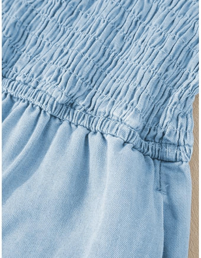 Beau Blue Spaghetti Strap Smocked Denim Romper