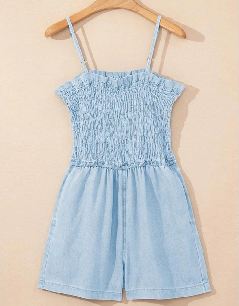 Beau Blue Spaghetti Strap Smocked Denim Romper