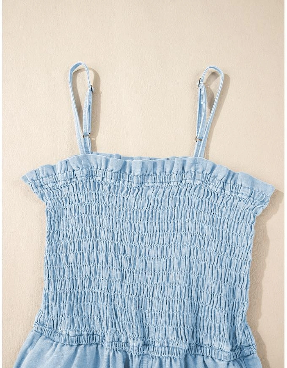 Beau Blue Spaghetti Strap Smocked Denim Romper