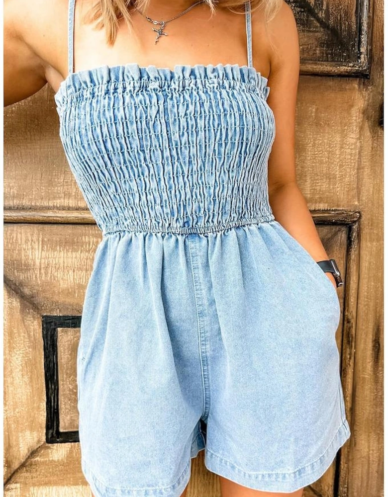 Beau Blue Spaghetti Strap Smocked Denim Romper
