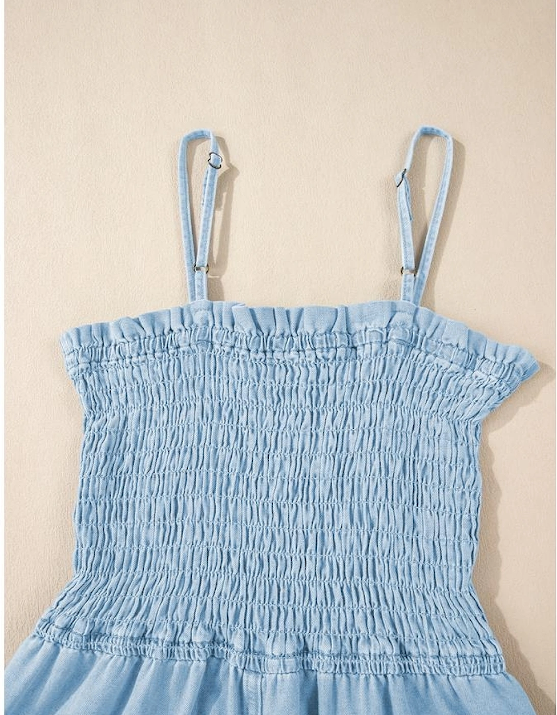 Beau Blue Spaghetti Strap Smocked Denim Romper