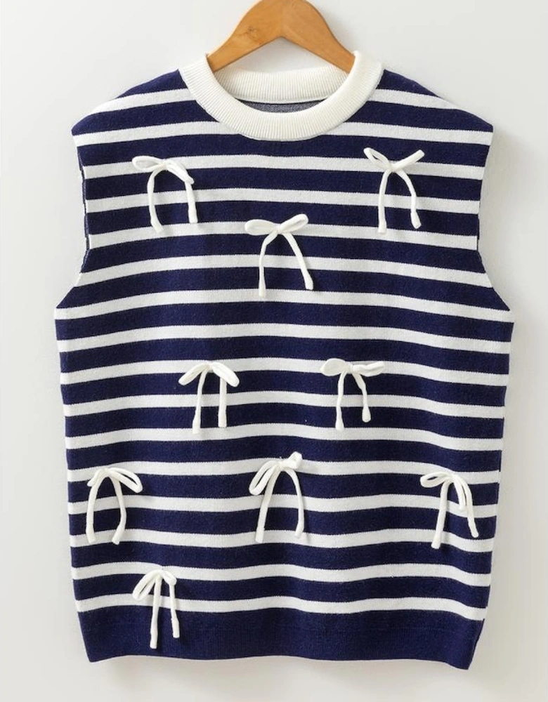 Blue Stripe Knitted Bow Decor Sweater Vest