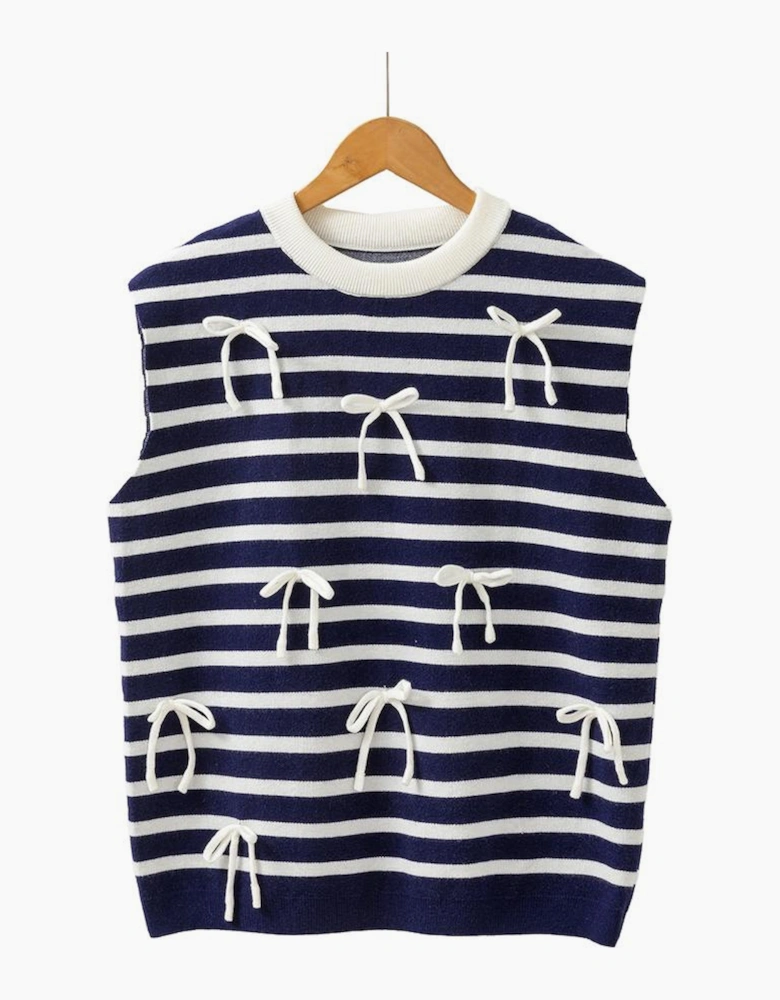Blue Stripe Knitted Bow Decor Sweater Vest