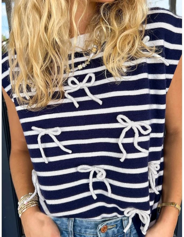 Blue Stripe Knitted Bow Decor Sweater Vest