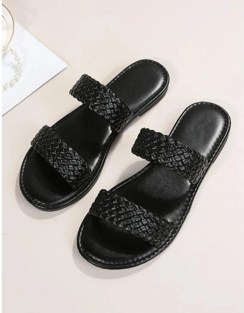 Azura Exchange Black Braided Double Band Leathered Flat Slippers