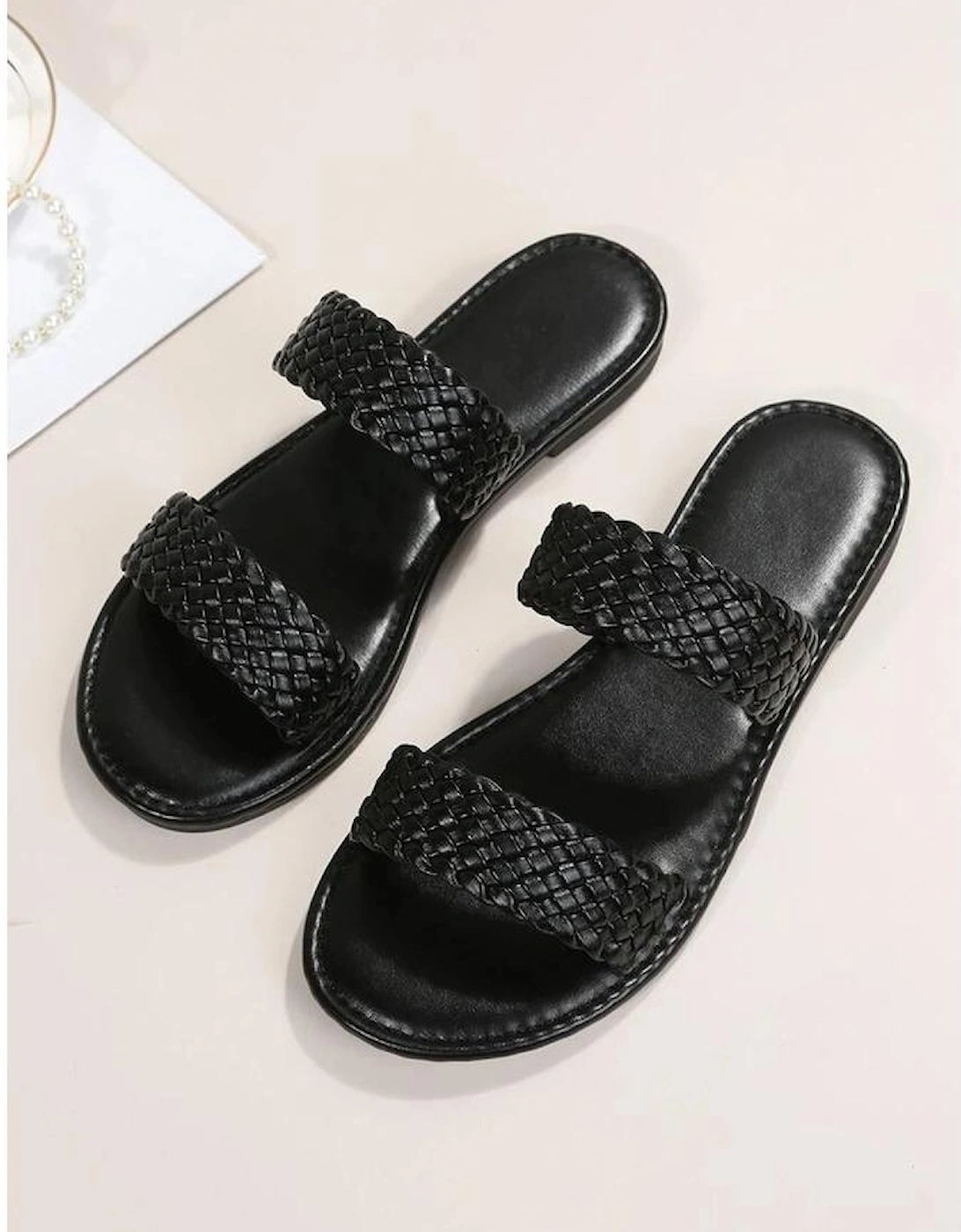 Azura Exchange Black Braided Double Band Leathered Flat Slippers