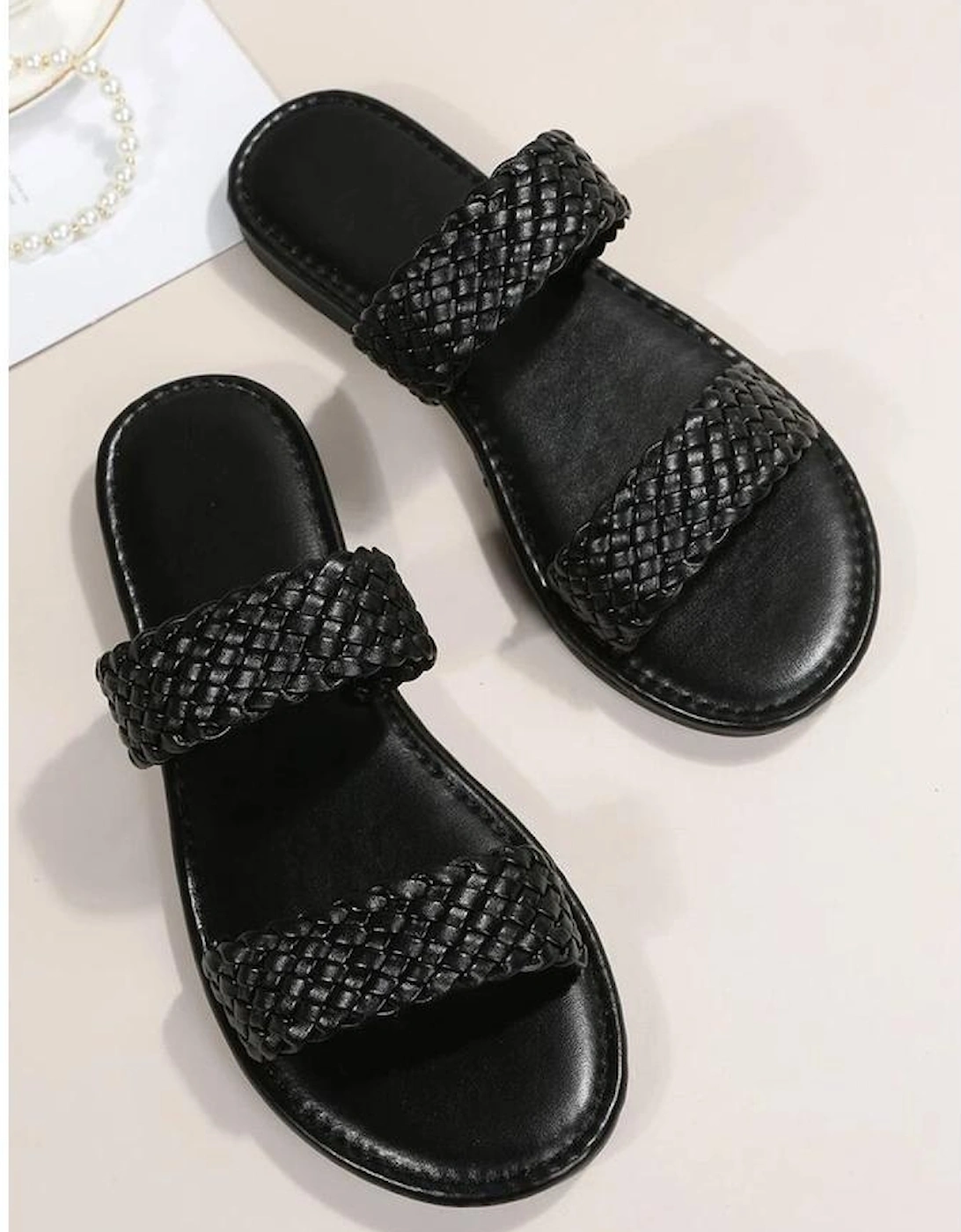 Azura Exchange Black Braided Double Band Leathered Flat Slippers