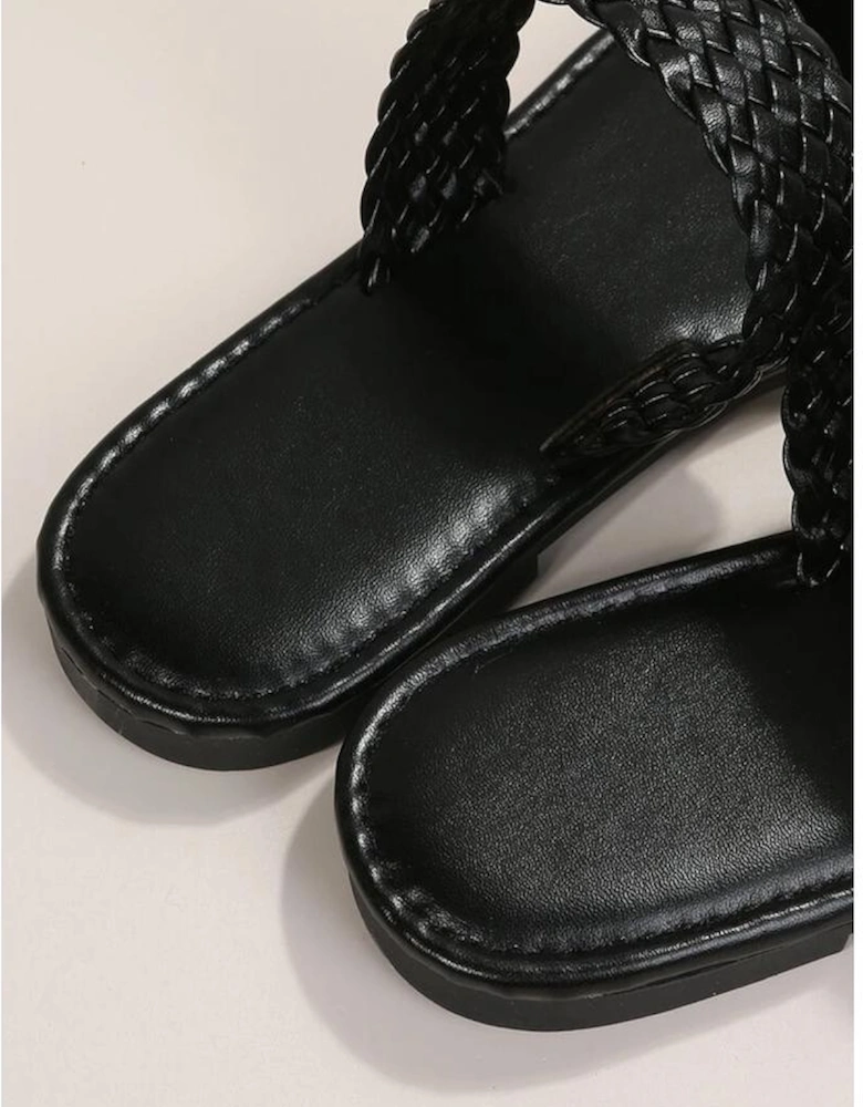 Azura Exchange Black Braided Double Band Leathered Flat Slippers