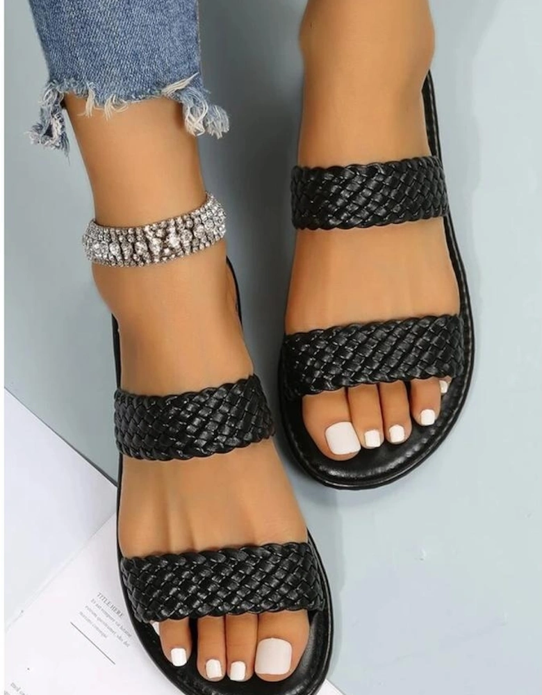Azura Exchange Black Braided Double Band Leathered Flat Slippers