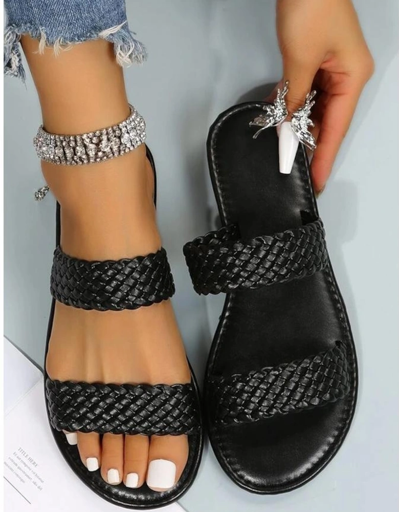 Azura Exchange Black Braided Double Band Leathered Flat Slippers