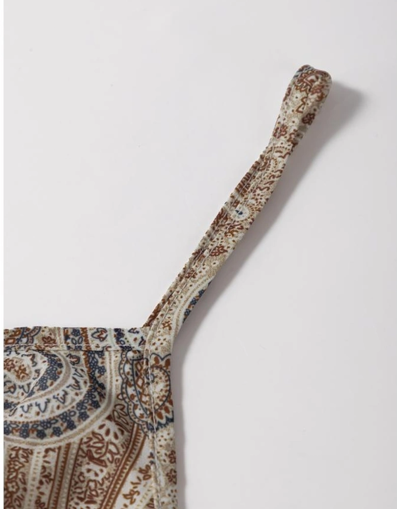 Khaki Paisley Printed Spaghetti Strap V Neck Smocked Babydoll Tank Top