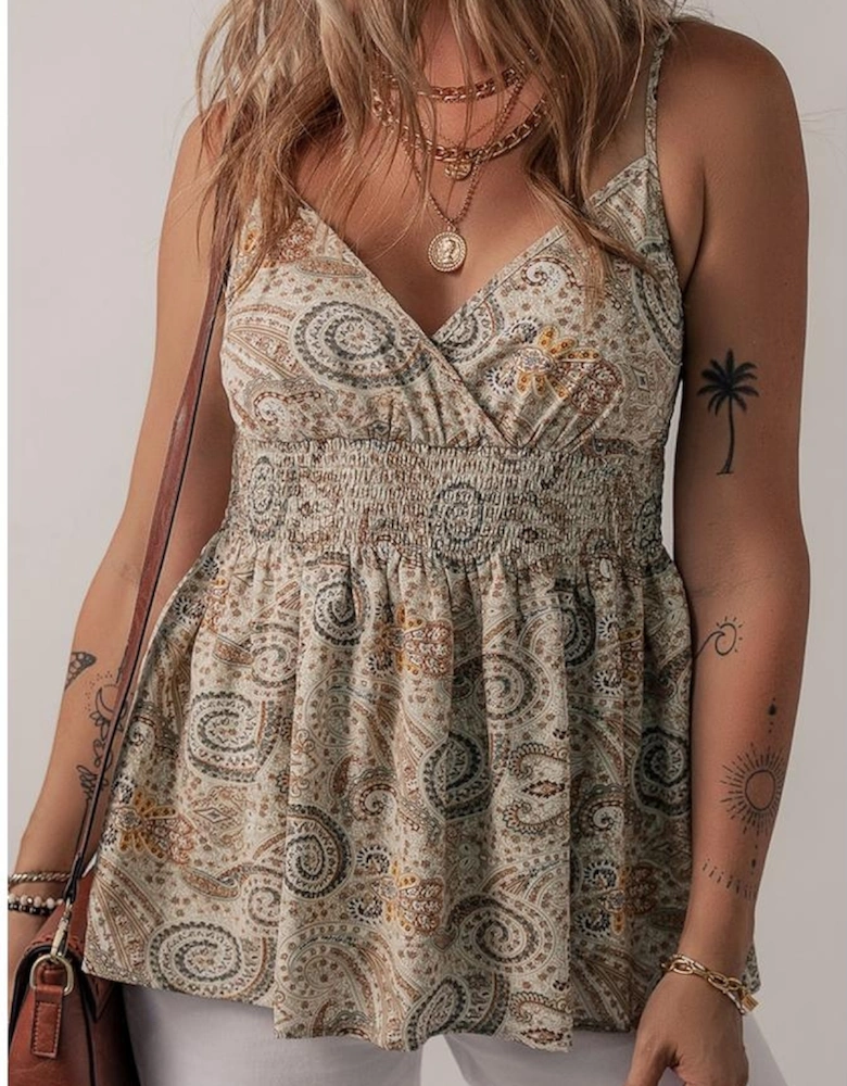 Khaki Paisley Printed Spaghetti Strap V Neck Smocked Babydoll Tank Top