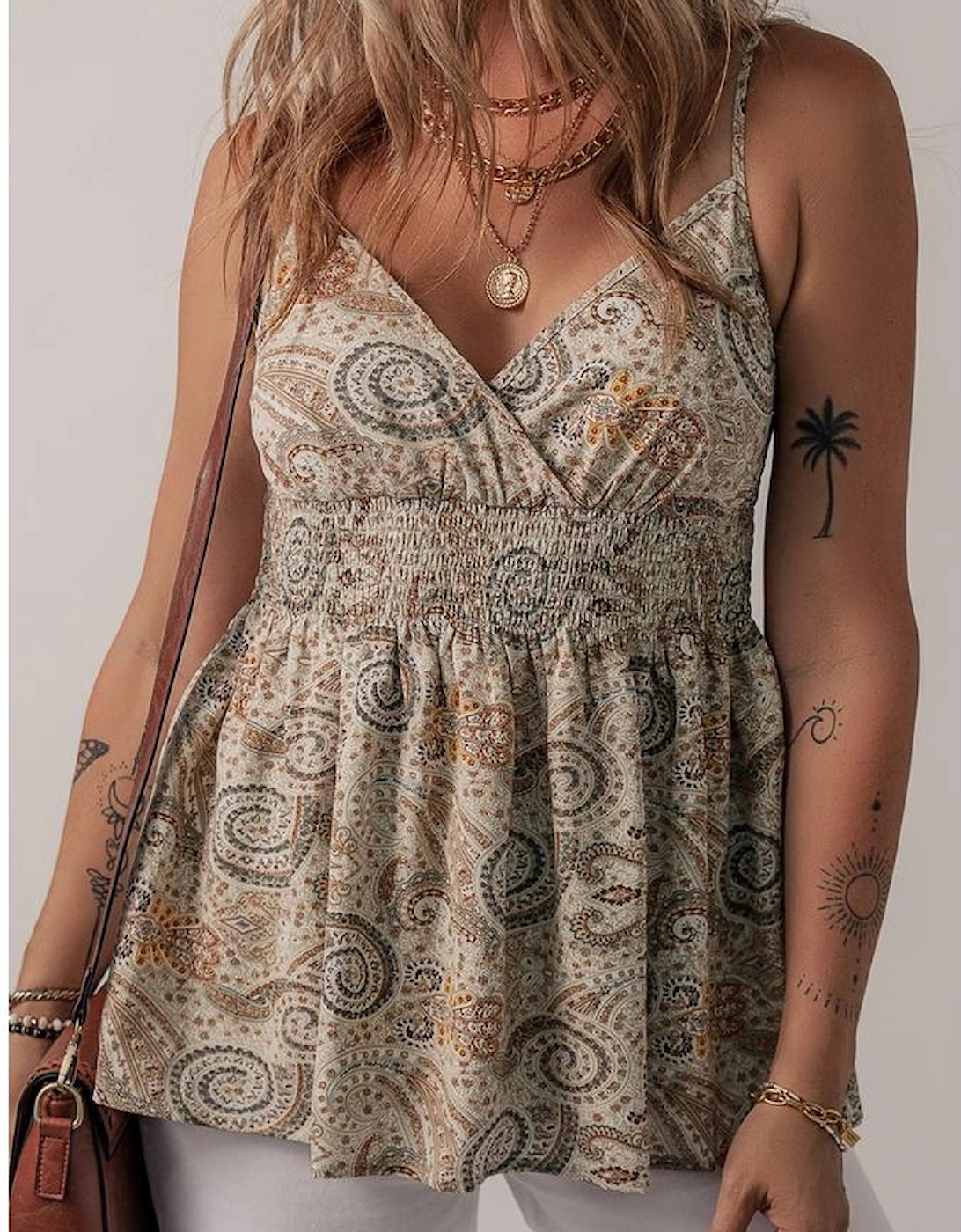 Khaki Paisley Printed Spaghetti Strap V Neck Smocked Babydoll Tank Top