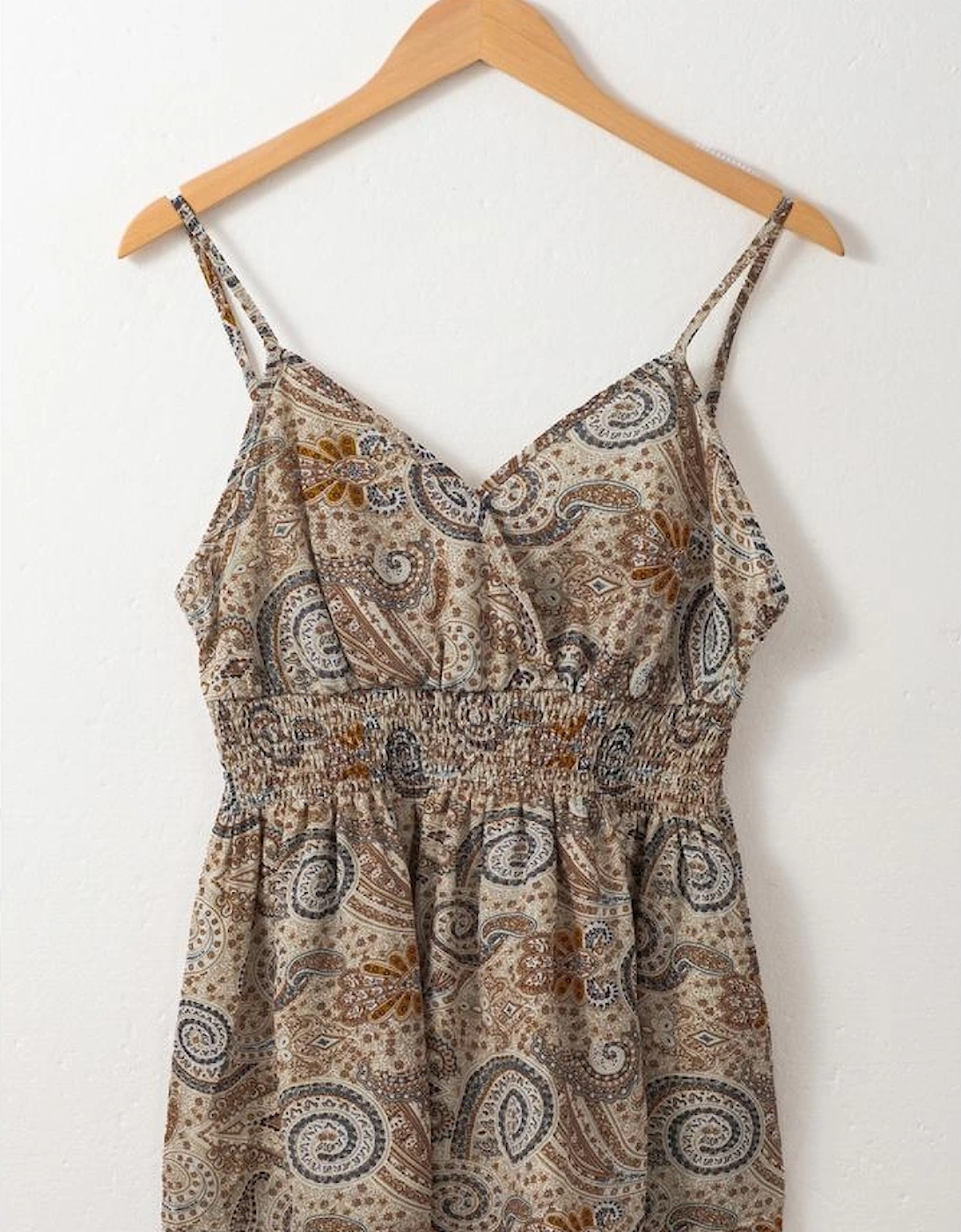 Khaki Paisley Printed Spaghetti Strap V Neck Smocked Babydoll Tank Top