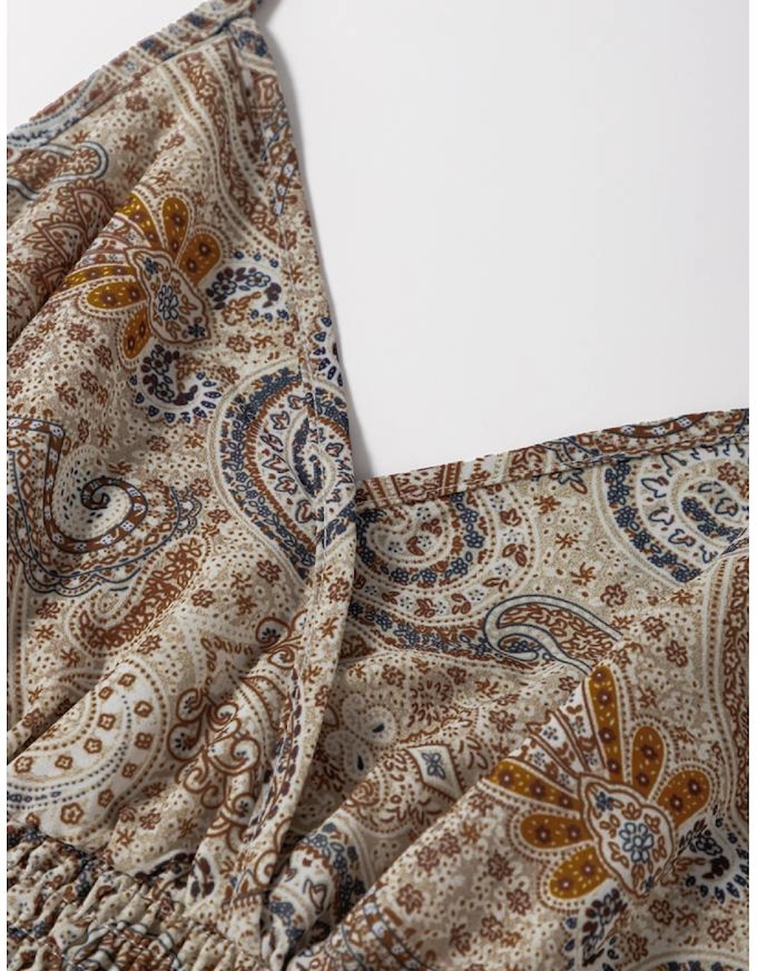 Khaki Paisley Printed Spaghetti Strap V Neck Smocked Babydoll Tank Top