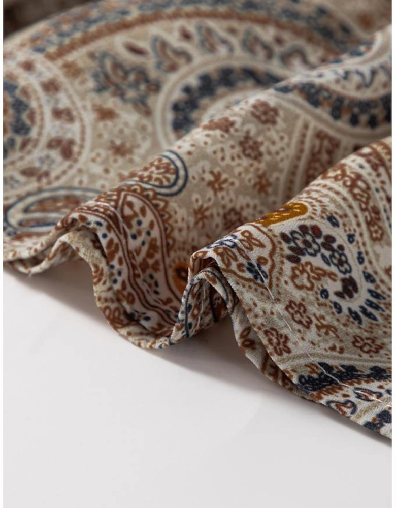 Khaki Paisley Printed Spaghetti Strap V Neck Smocked Babydoll Tank Top