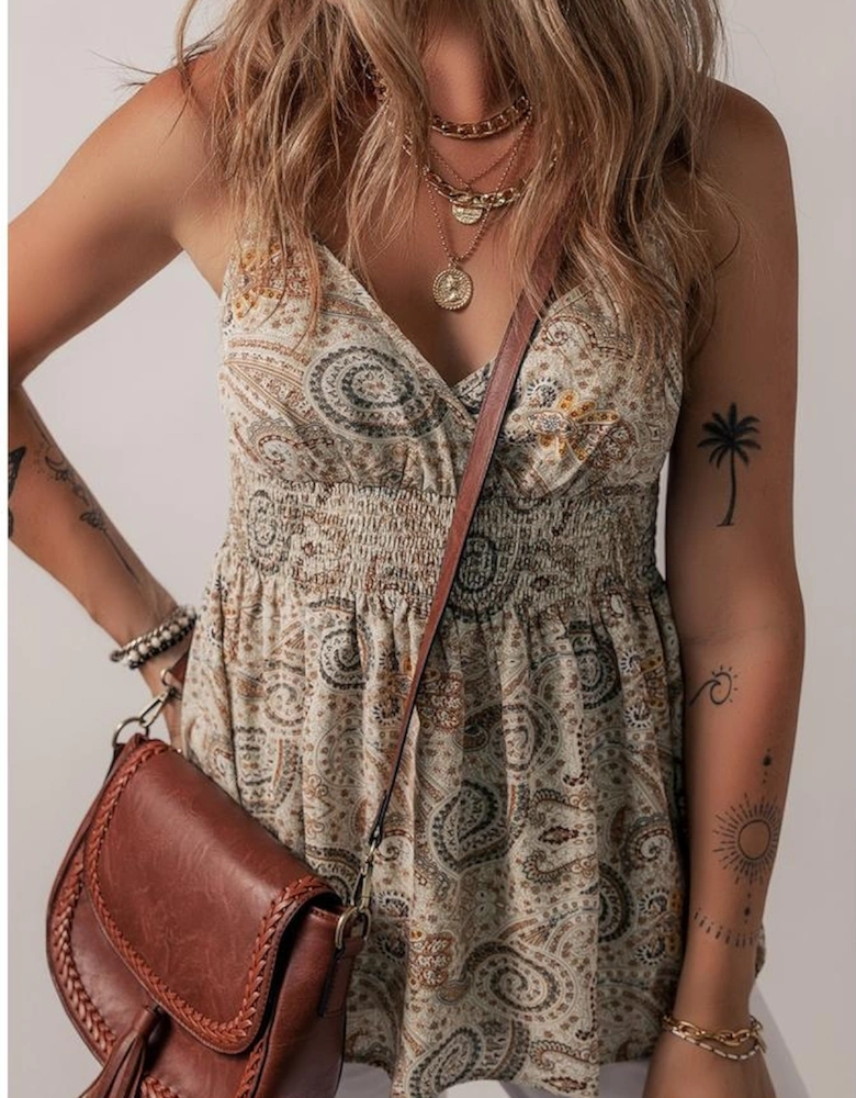 Khaki Paisley Printed Spaghetti Strap V Neck Smocked Babydoll Tank Top