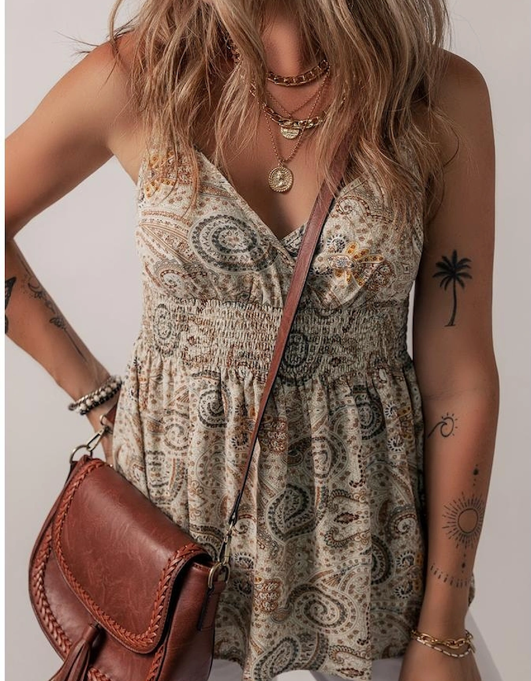 Khaki Paisley Printed Spaghetti Strap V Neck Smocked Babydoll Tank Top