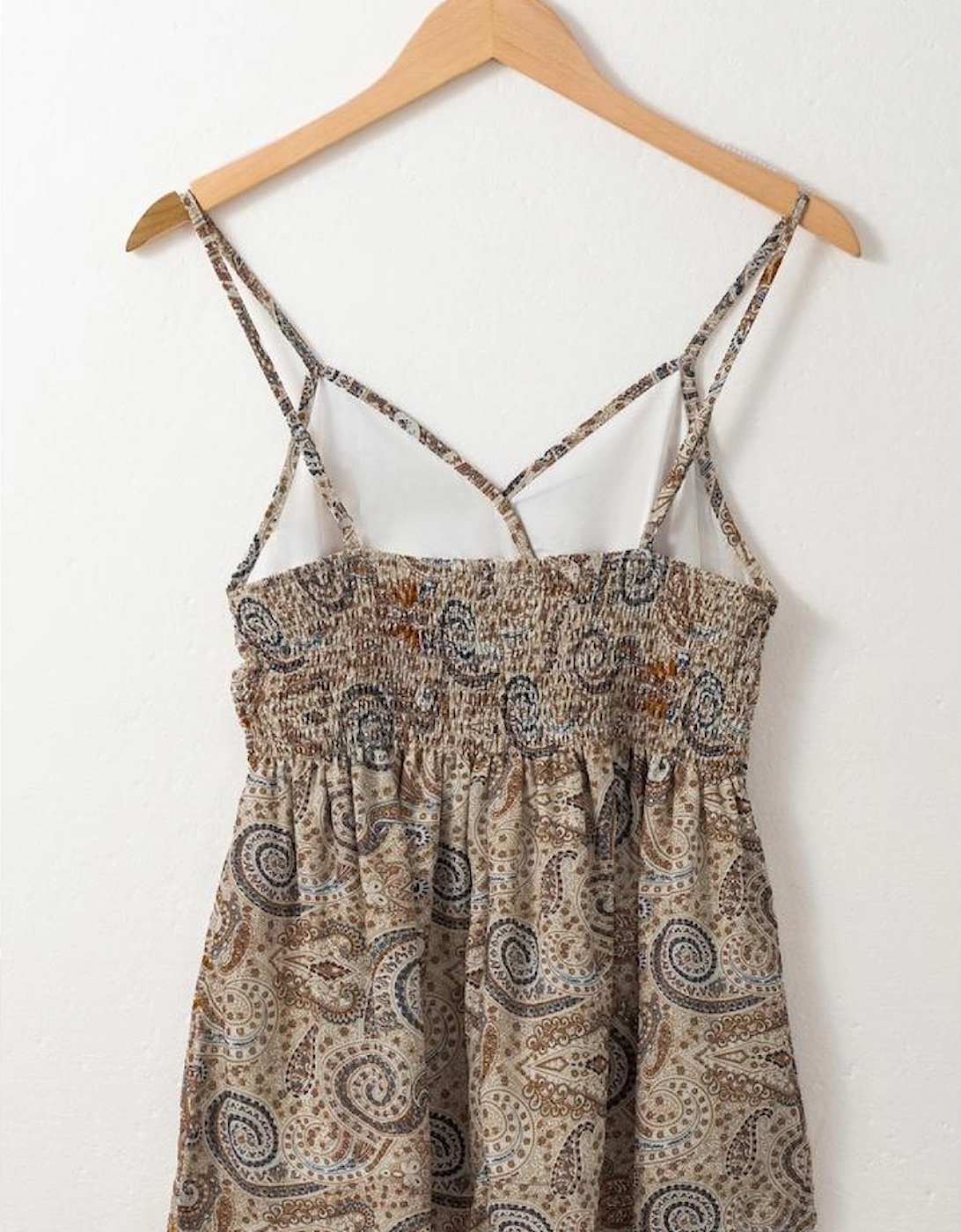 Khaki Paisley Printed Spaghetti Strap V Neck Smocked Babydoll Tank Top