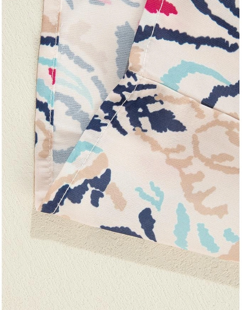 White Abstract Printed Notched V Neck Split Half Sleeve Blouse