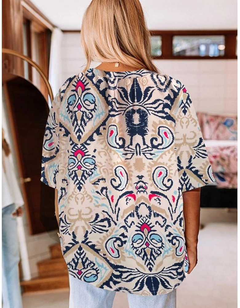 White Abstract Printed Notched V Neck Split Half Sleeve Blouse