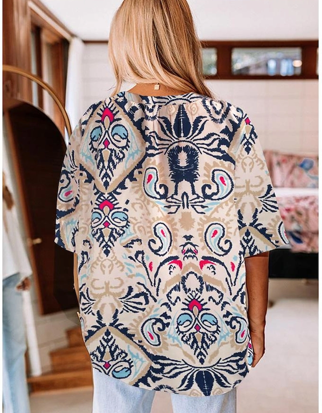 White Abstract Printed Notched V Neck Split Half Sleeve Blouse, 11 of 10
