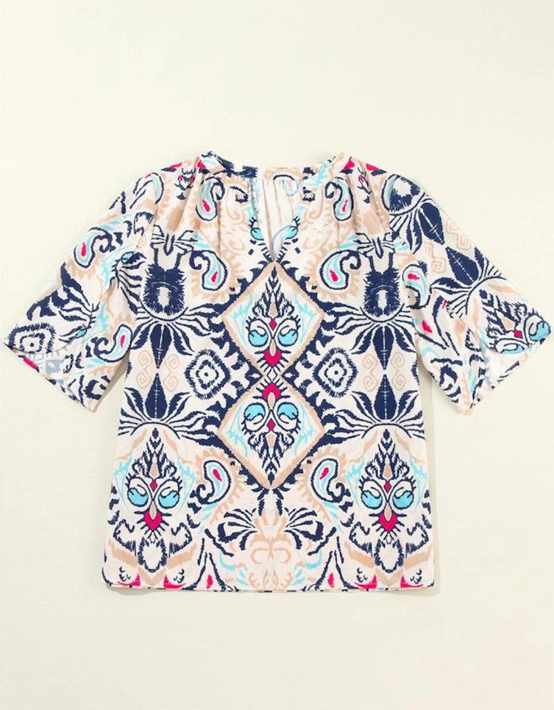 White Abstract Printed Notched V Neck Split Half Sleeve Blouse