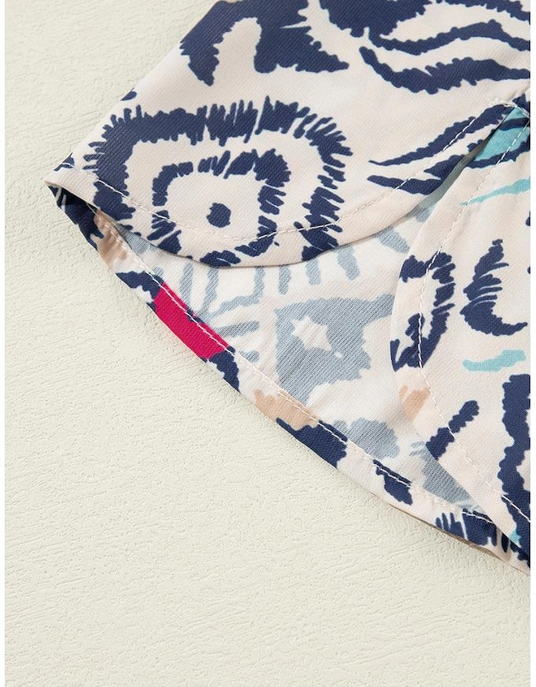 White Abstract Printed Notched V Neck Split Half Sleeve Blouse