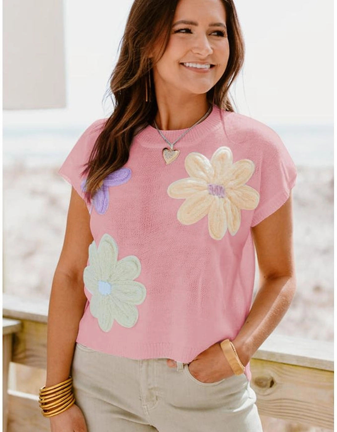 Pink Multi Crochet Flower Knit Short Sleeve Sweater Top, 10 of 9