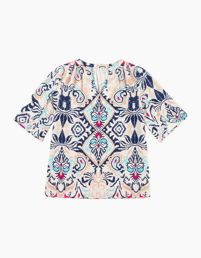 White Abstract Printed Notched V Neck Split Half Sleeve Blouse