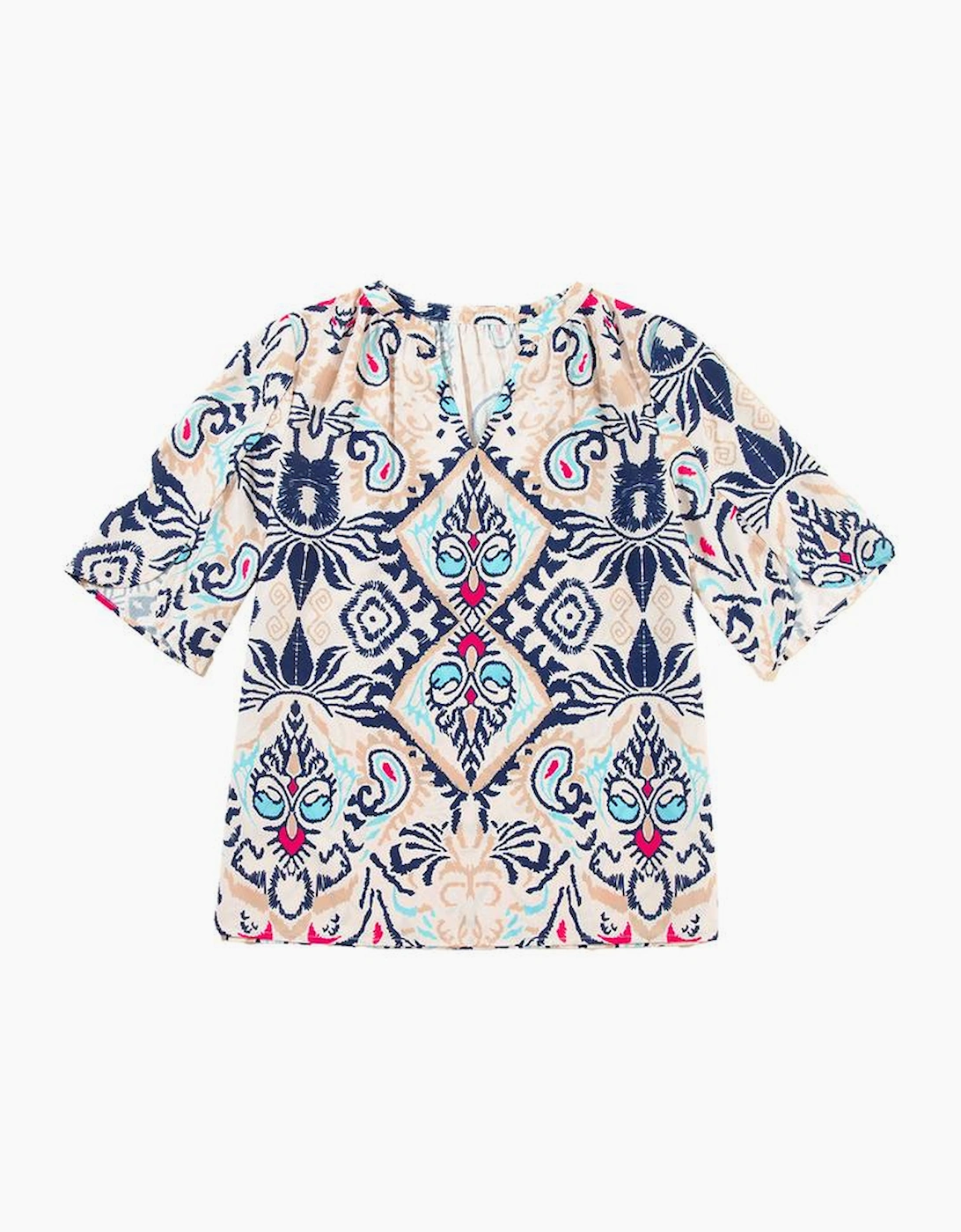 White Abstract Printed Notched V Neck Split Half Sleeve Blouse