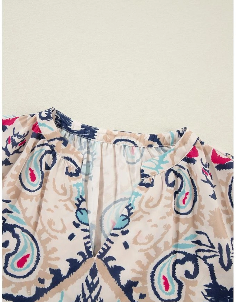 White Abstract Printed Notched V Neck Split Half Sleeve Blouse