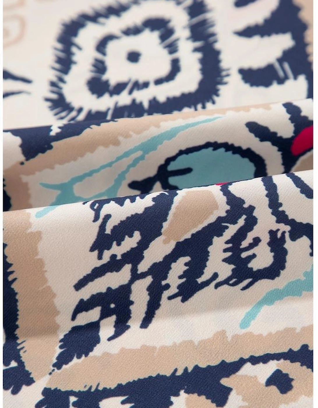 White Abstract Printed Notched V Neck Split Half Sleeve Blouse